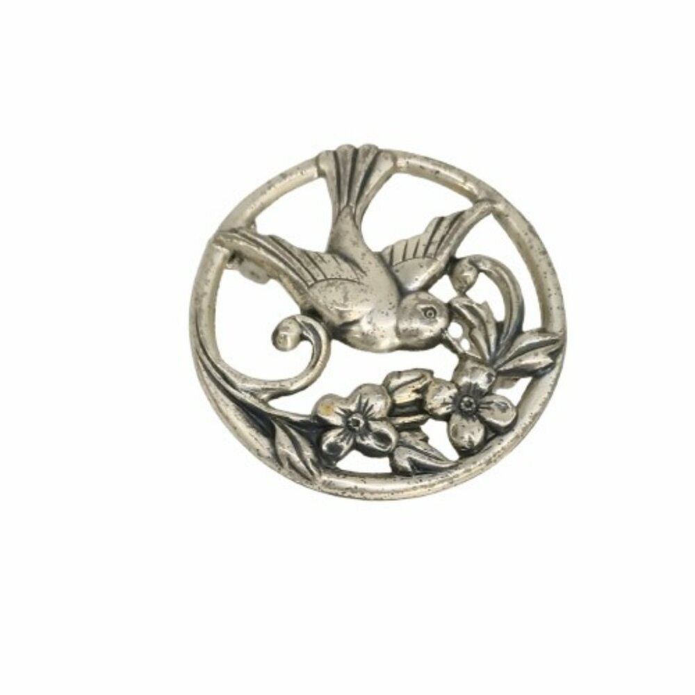 Coro 925 Open Work Bird Brooch Vintage Sterling Silver Round Floral Pin